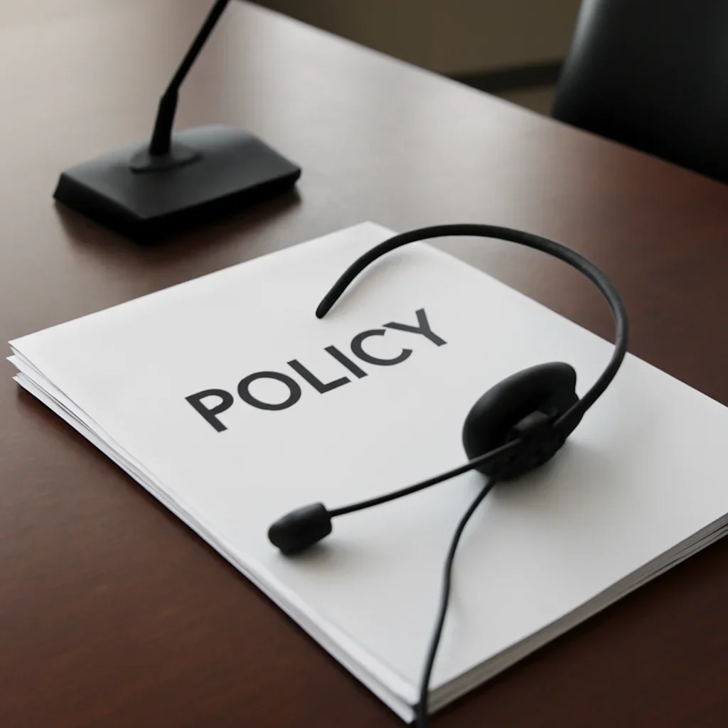 Close view of policy papers, translation headset and a conference desk