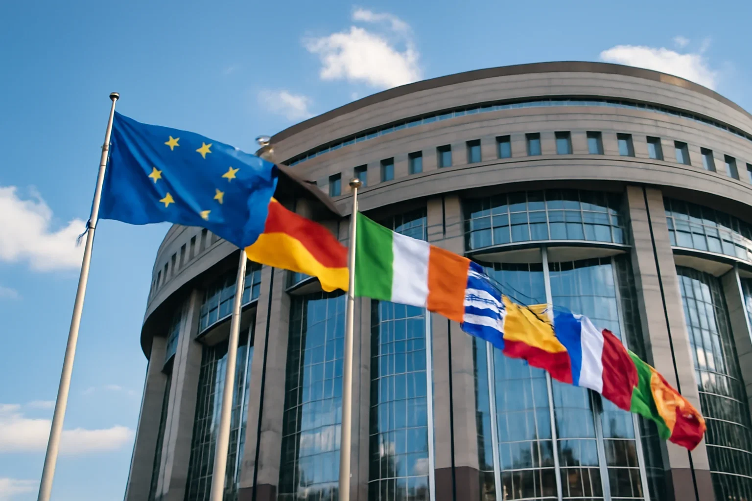 European flags outside a modern institutional building under bright sky