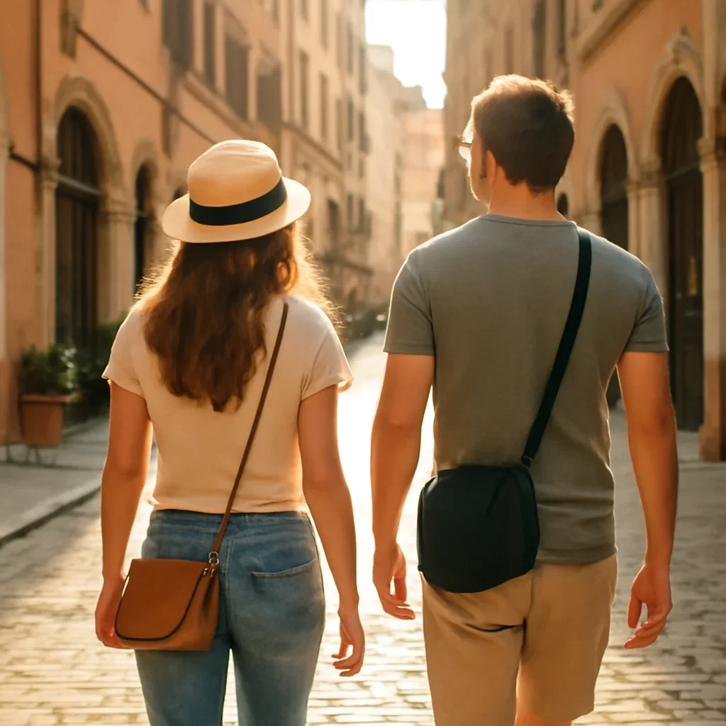 Travellers walking through a sunlit European street with small bags