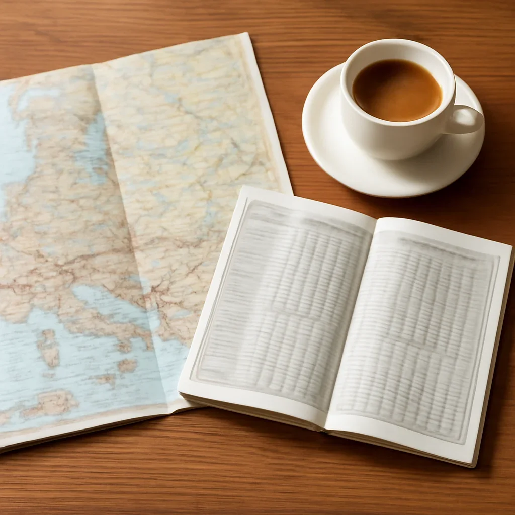 Open map, train timetable and coffee on a wooden table before a trip