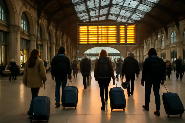 European station hall with travellers, luggage and departure board light