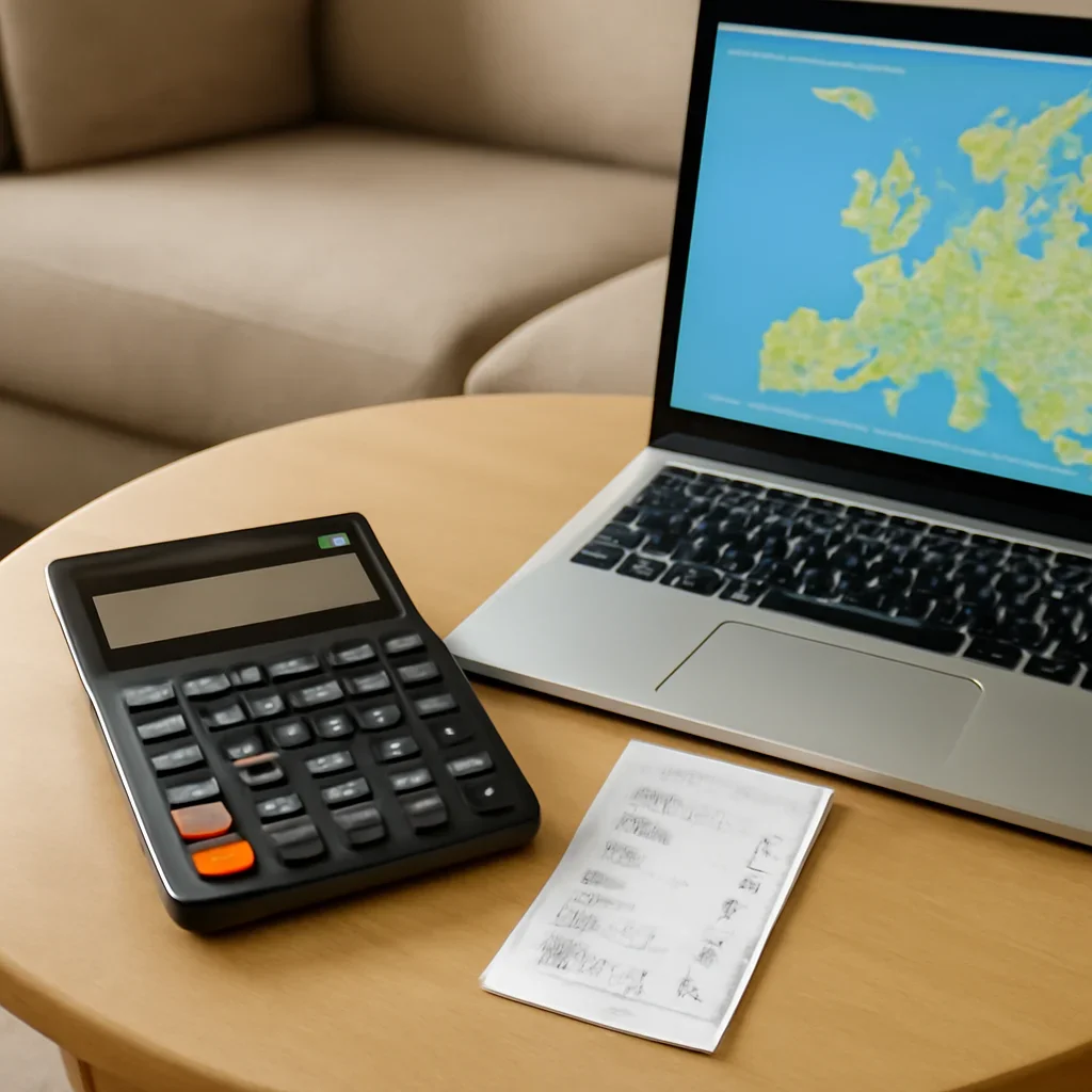 Small apartment table with calculator, grocery receipt and laptop during Europe planning