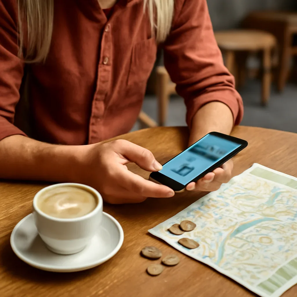Traveller using a phone budget tracker beside coffee, coins and a city map