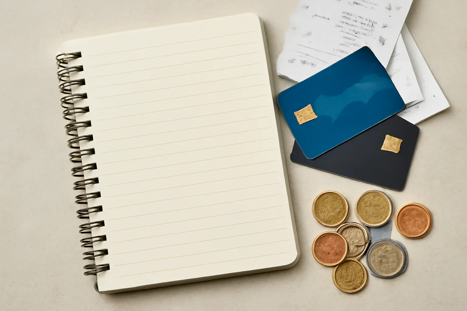 Notebook, bank cards, receipts and euro coins arranged for trip planning