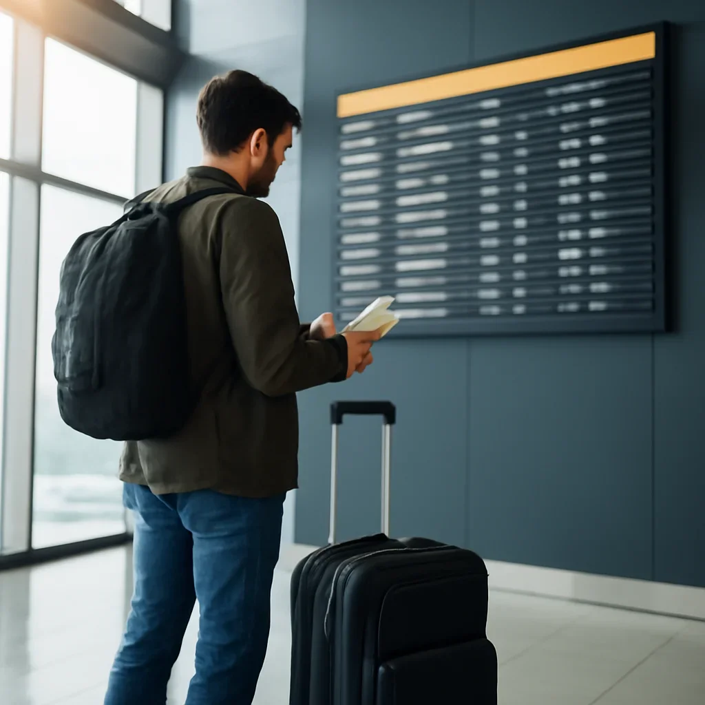 Traveller with carry-on checking entry details beside an airport departures screen