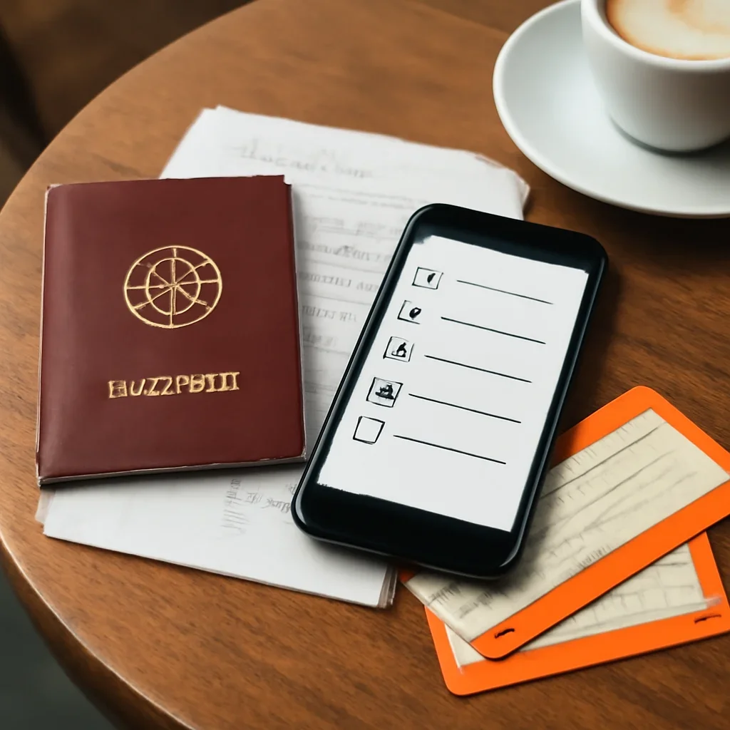 Close view of travel documents, phone checklist and train tickets on a café table