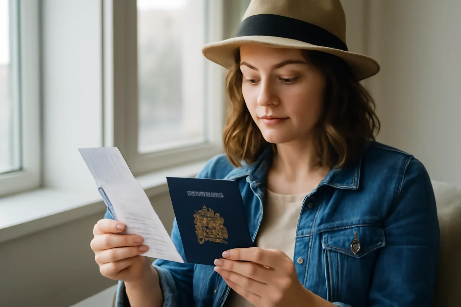 Canadian traveller reviewing passport, boarding pass and Europe itinerary notes