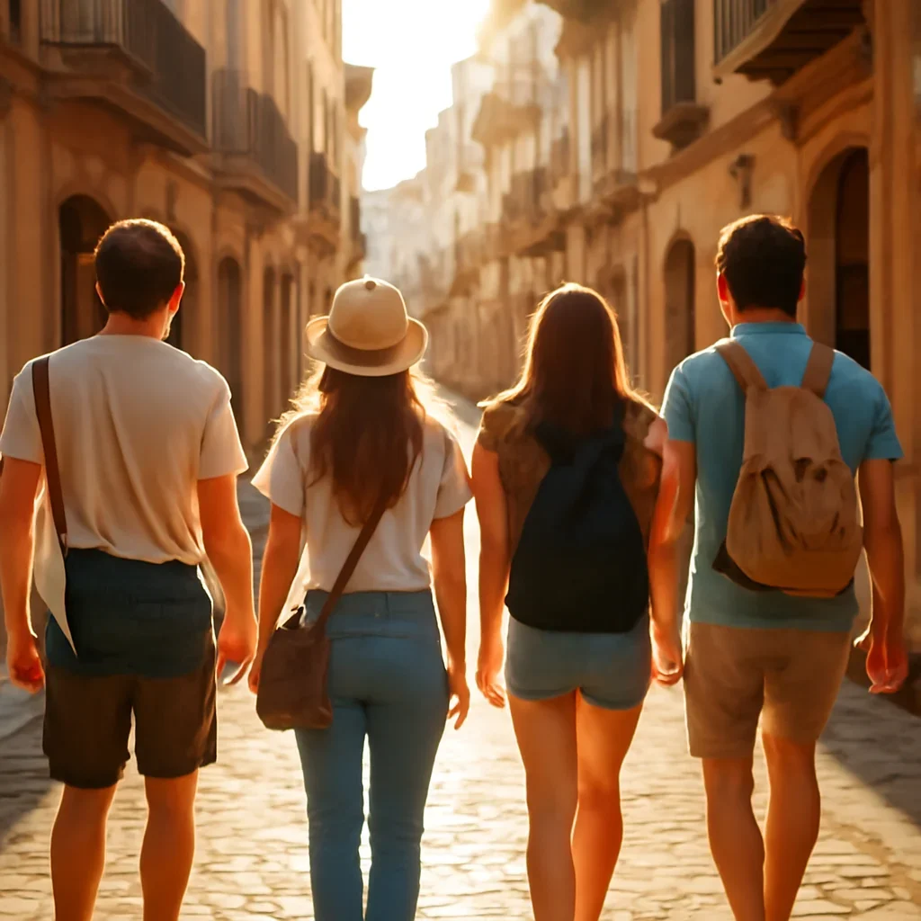 Travellers walking through a sunlit European street with small bags