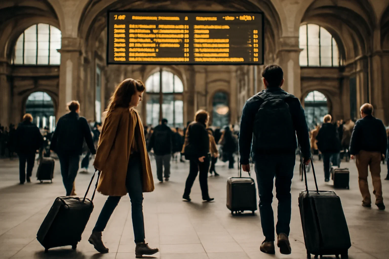 European station hall with travellers, luggage and departure board light
