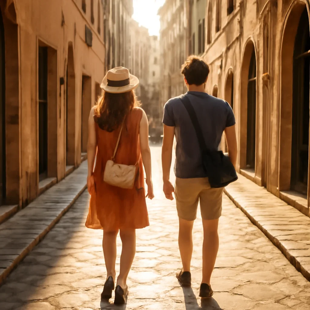 Travellers walking through a sunlit European street with small bags