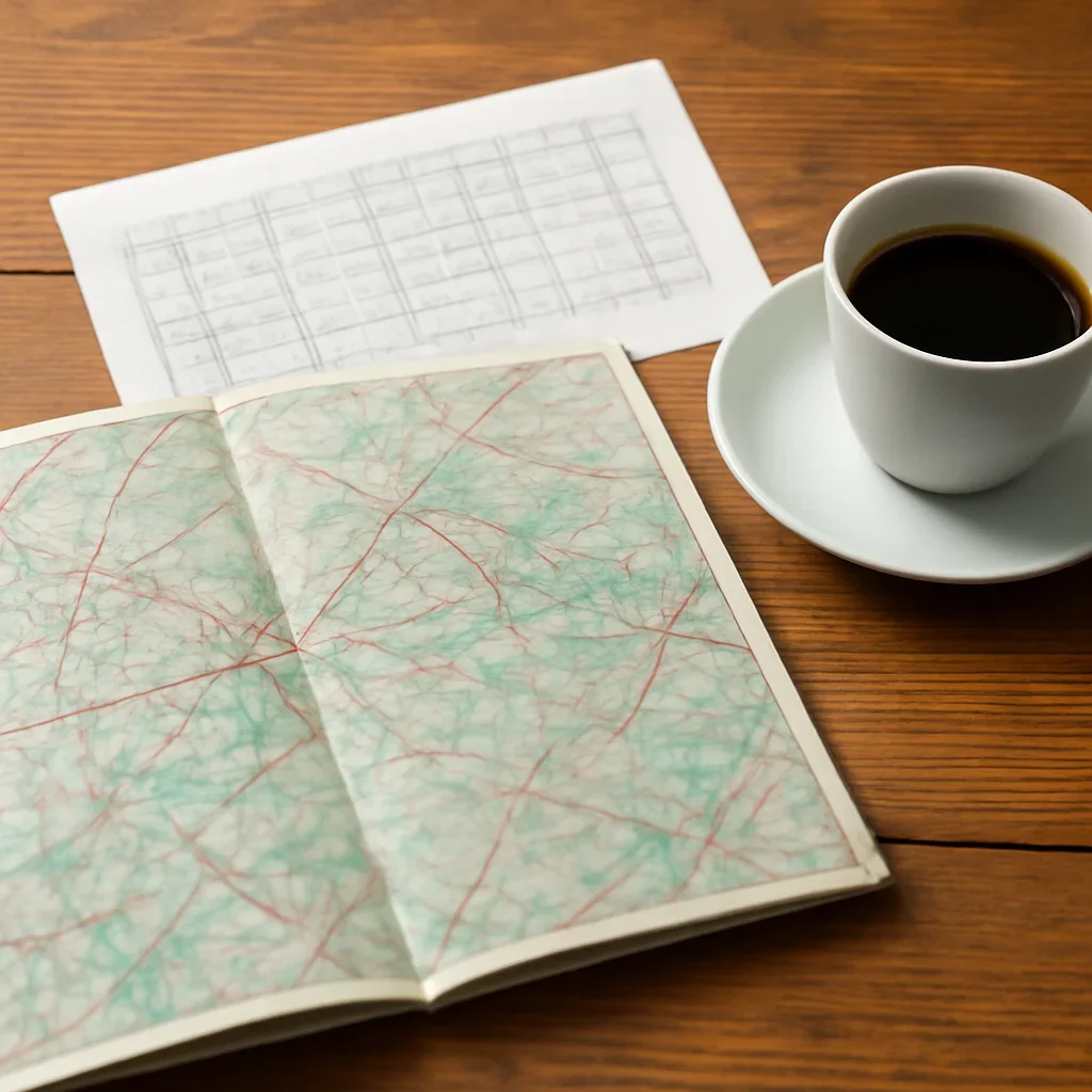 Open map, train timetable and coffee on a wooden table before a trip
