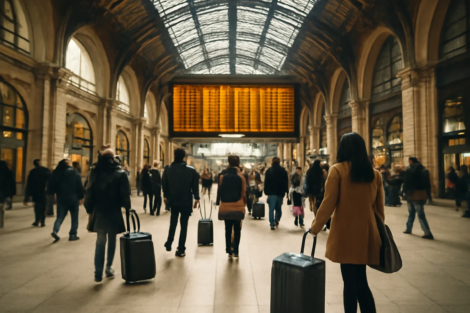 European station hall with travellers, luggage and departure board light