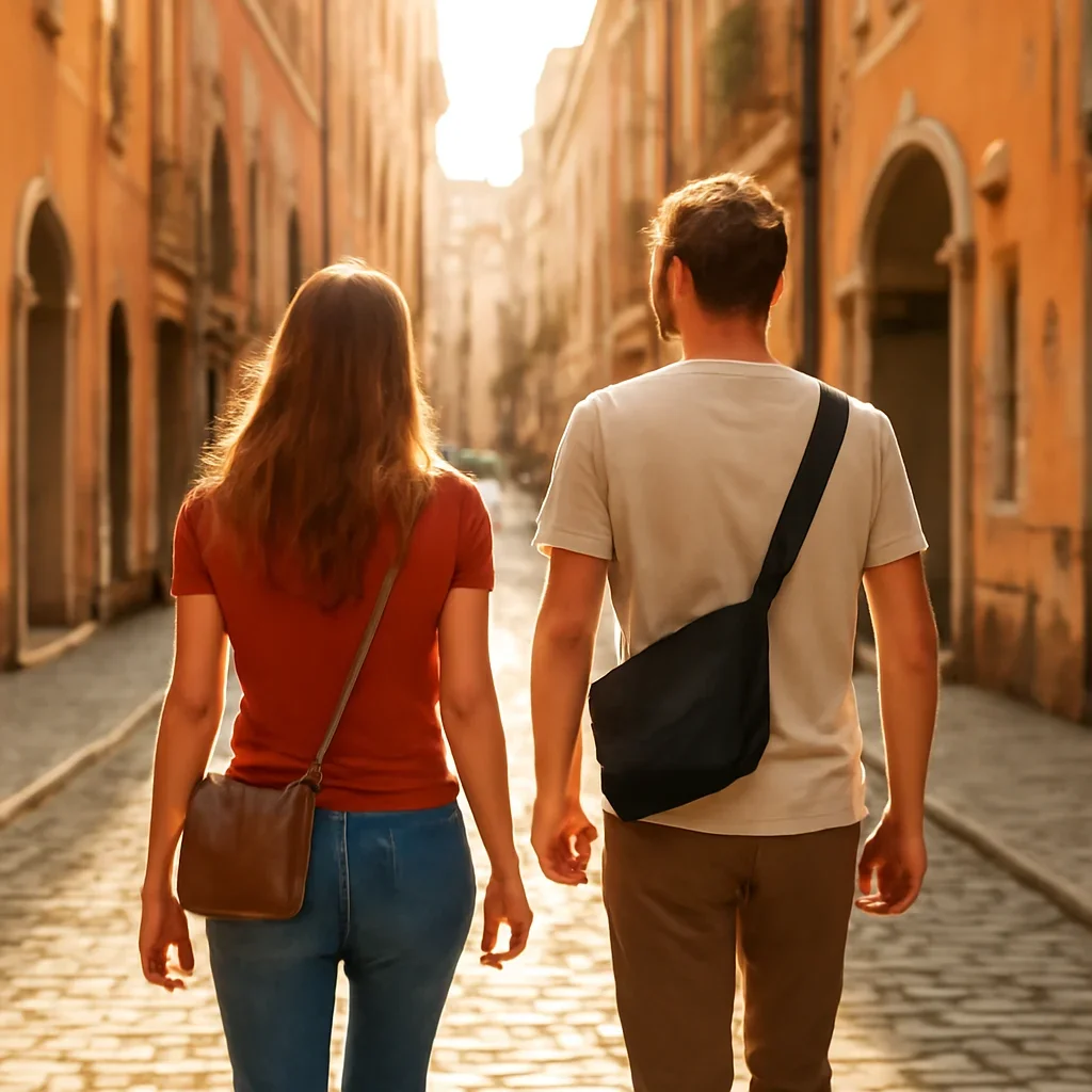 Travellers walking through a sunlit European street with small bags