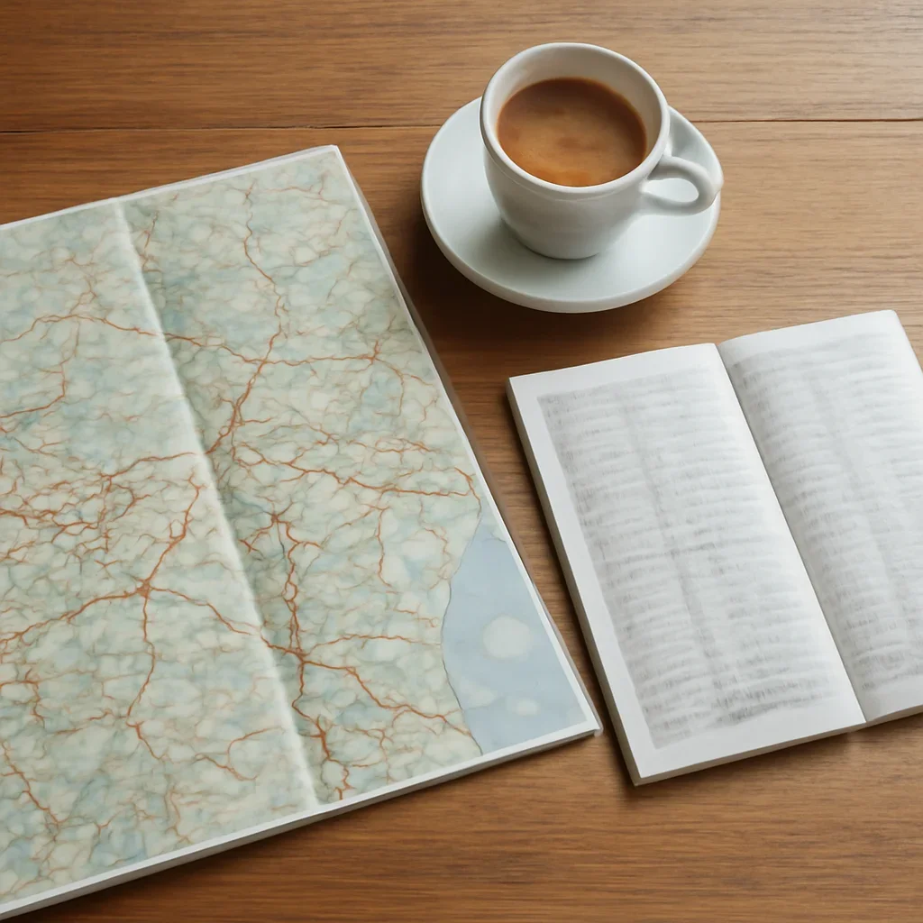 Open map, train timetable and coffee on a wooden table before a trip