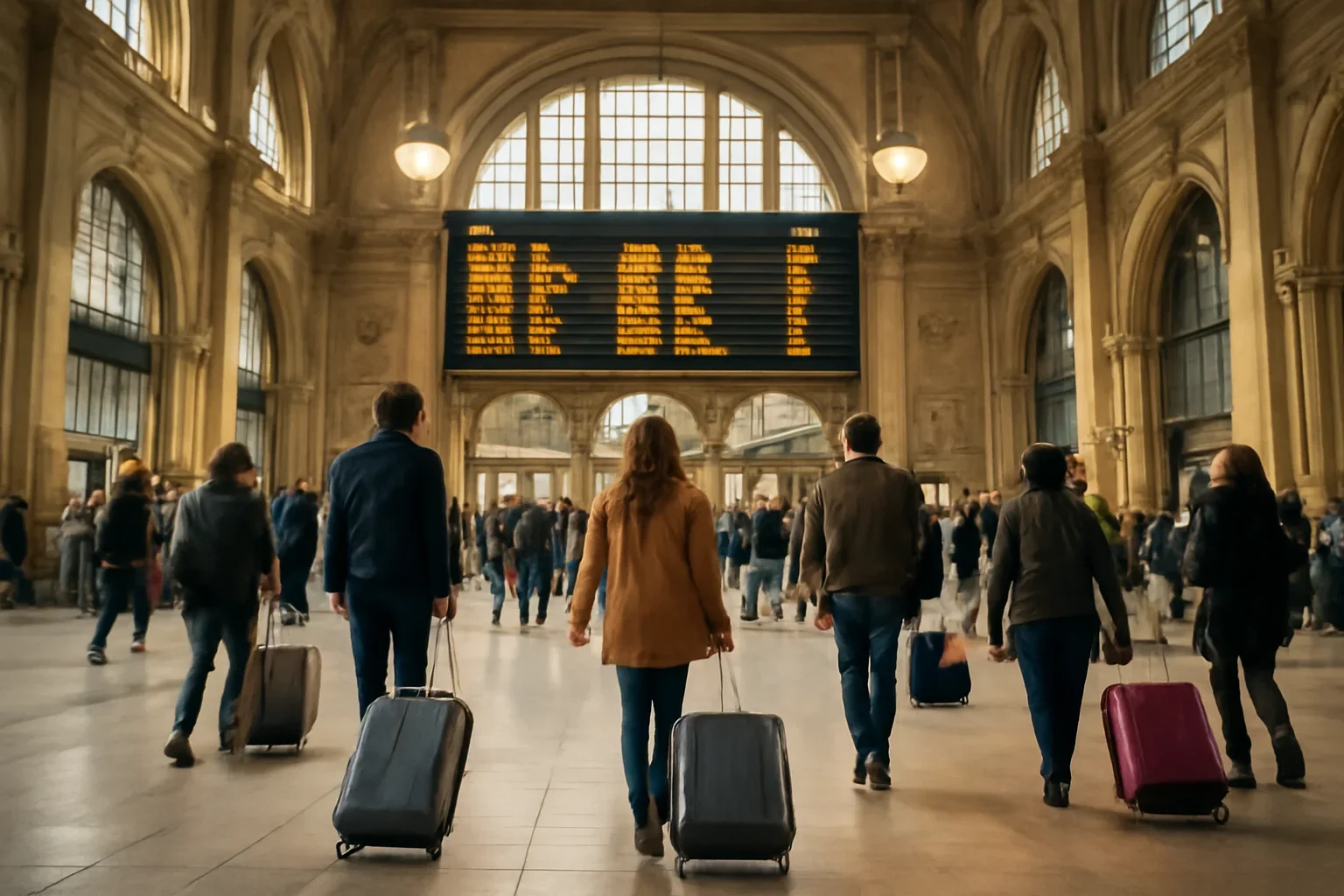 European station hall with travellers, luggage and departure board light