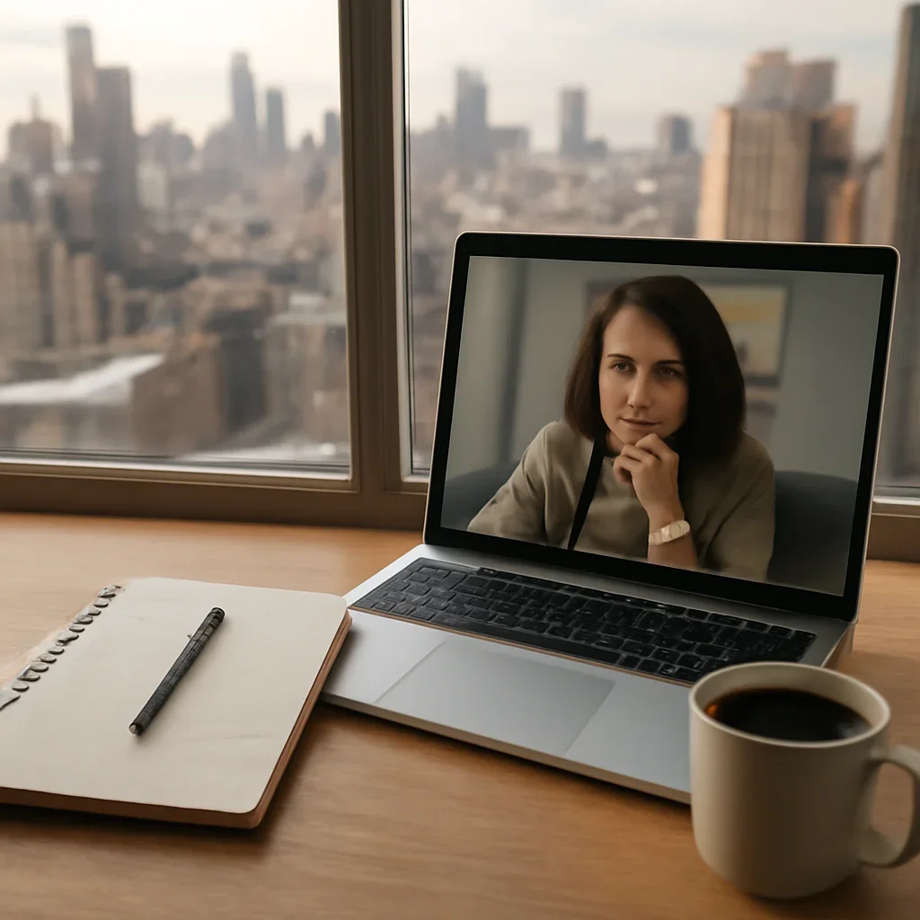 Video call setup with notebook, coffee and city window view during relocation planning