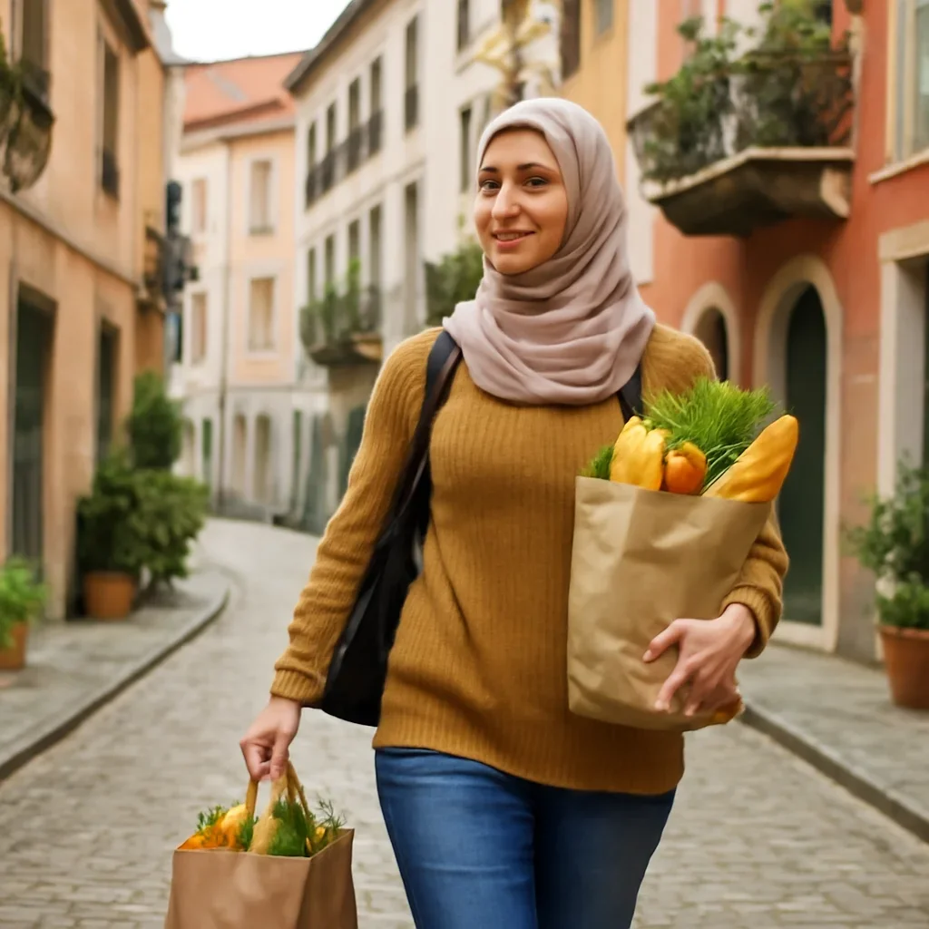 New arrival carrying groceries through a walkable European neighbourhood