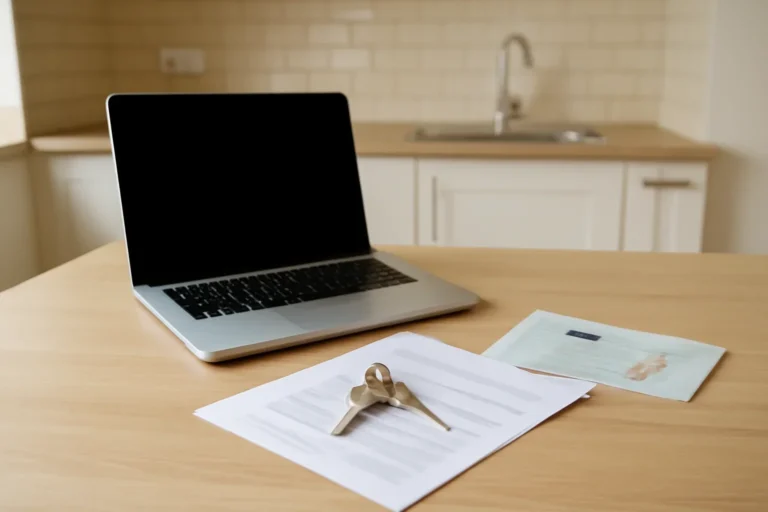 Laptop, apartment keys and residency papers on a kitchen table in Europe