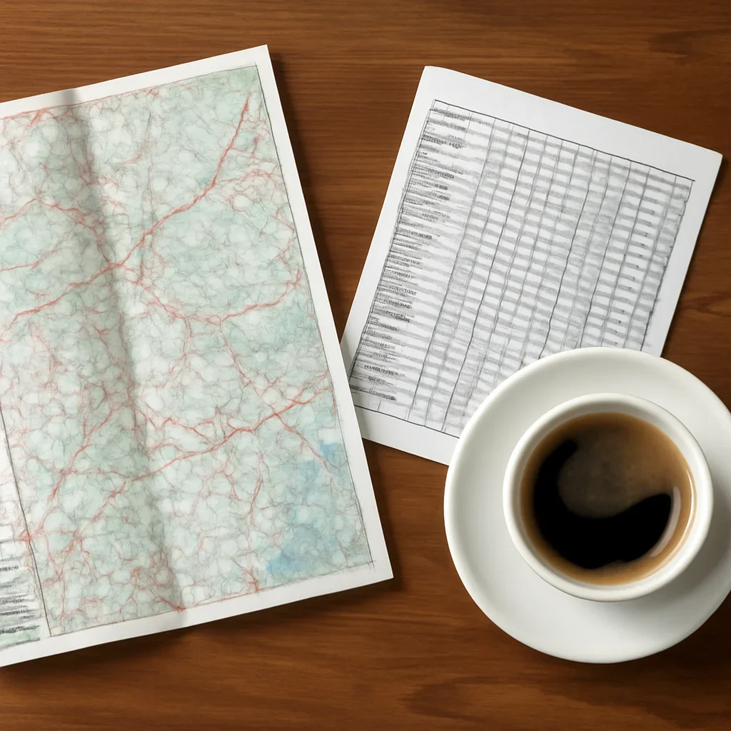 Open map, train timetable and coffee on a wooden table before a trip