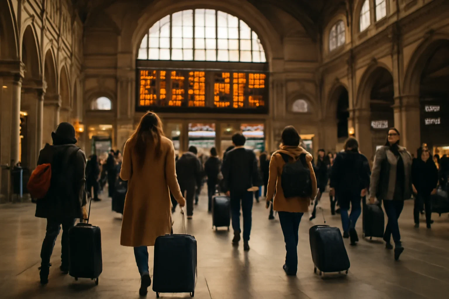 European station hall with travellers, luggage and departure board light