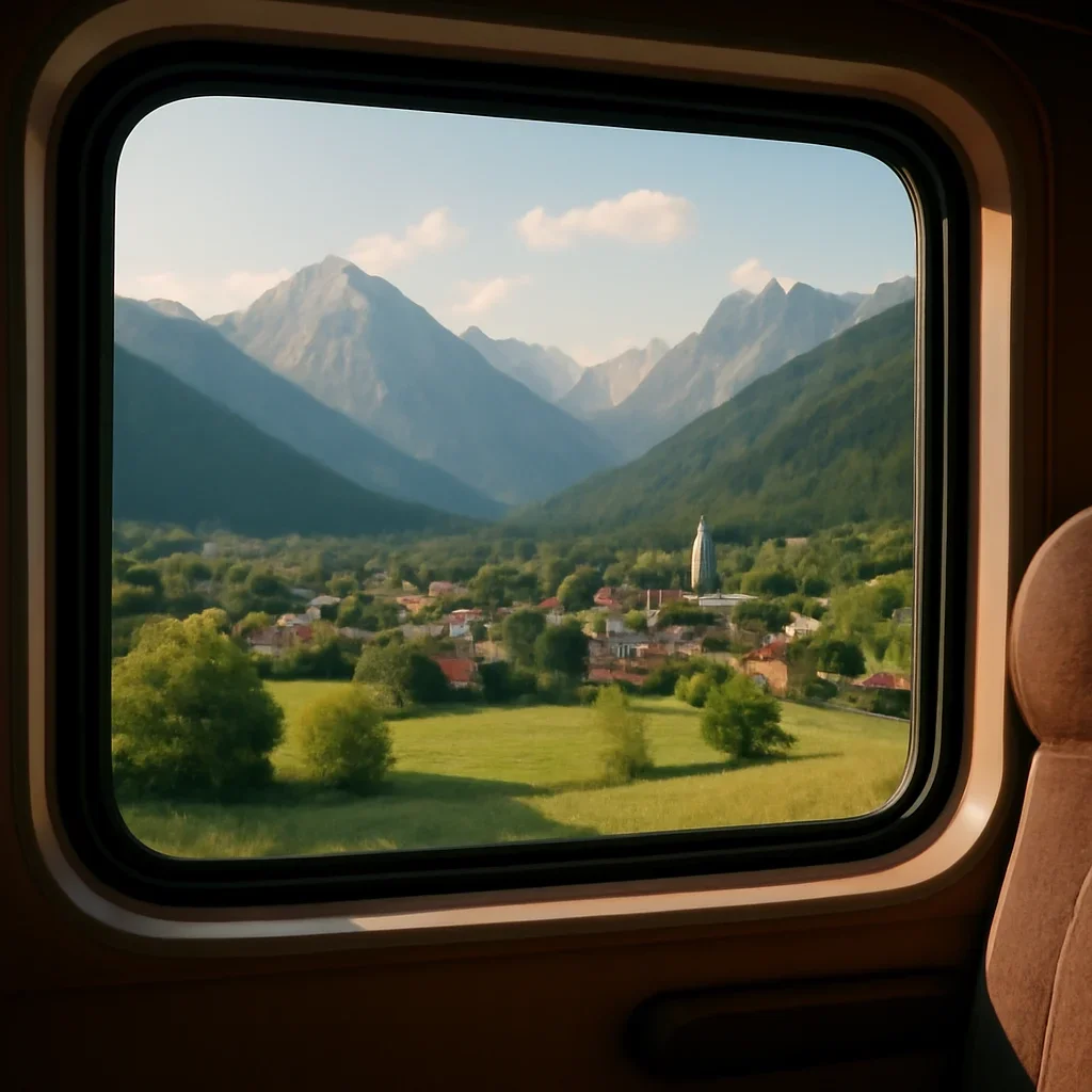 Window view from a European train passing mountains and small towns