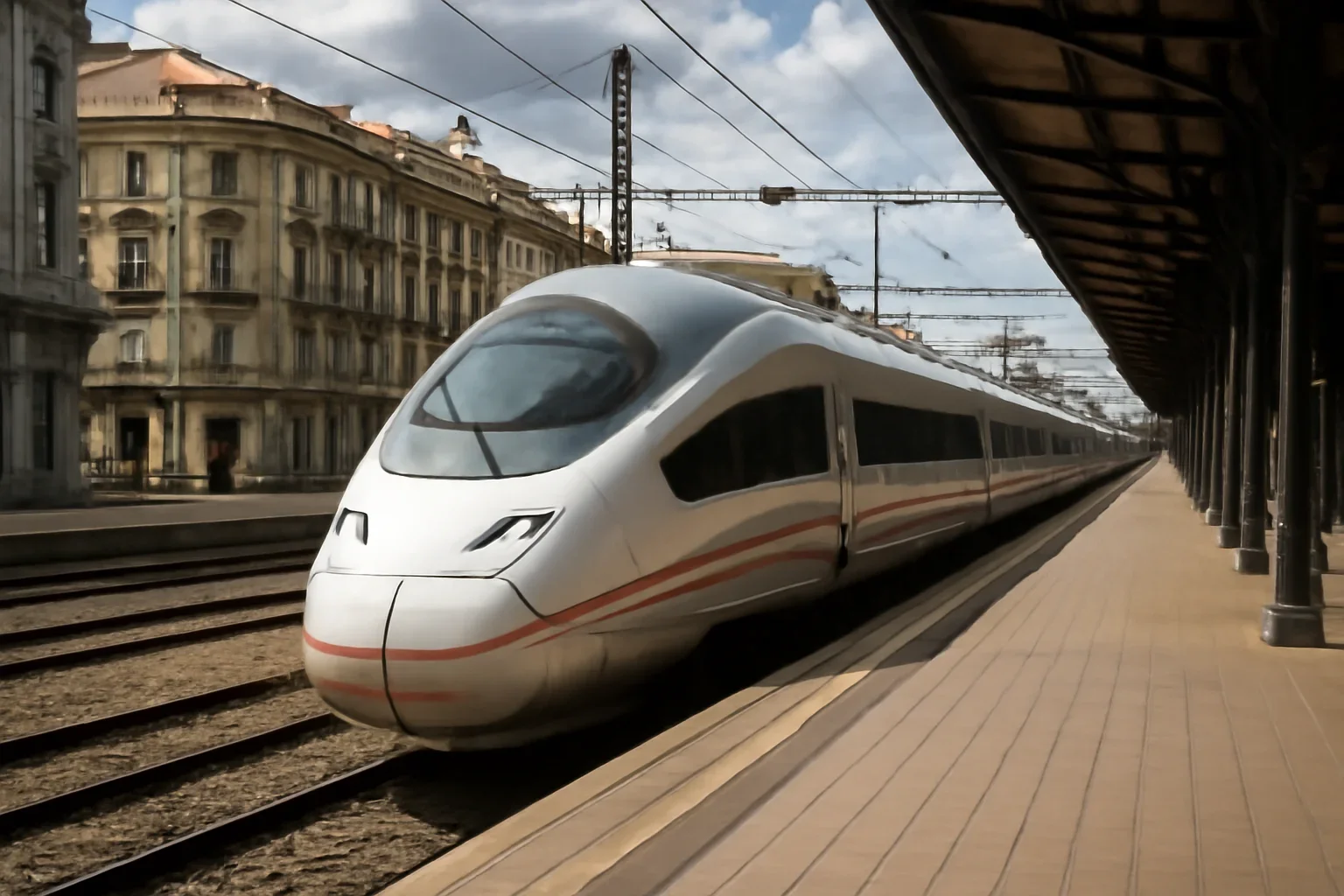 High-speed train arriving beside a platform in a European city