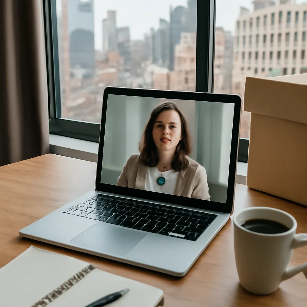 Video call setup with notebook, coffee and city window view during relocation planning