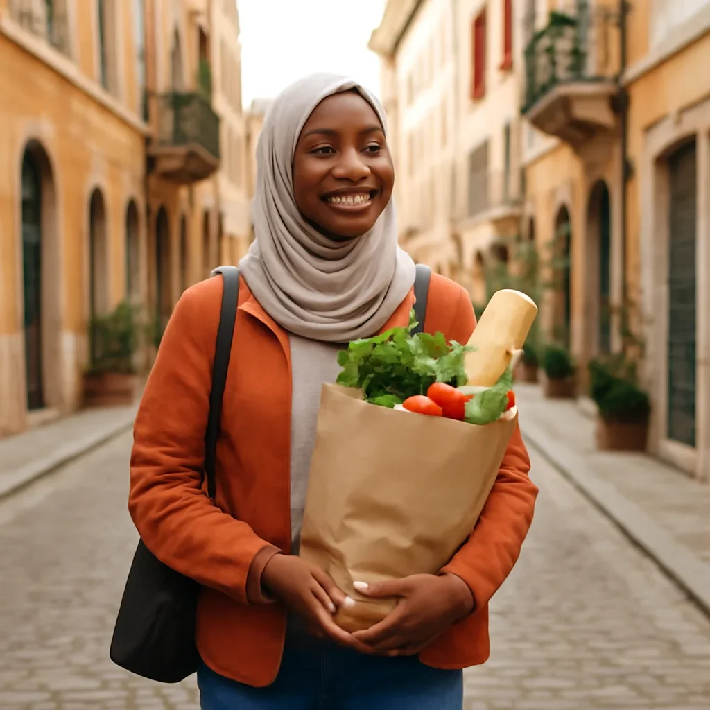 New arrival carrying groceries through a walkable European neighbourhood