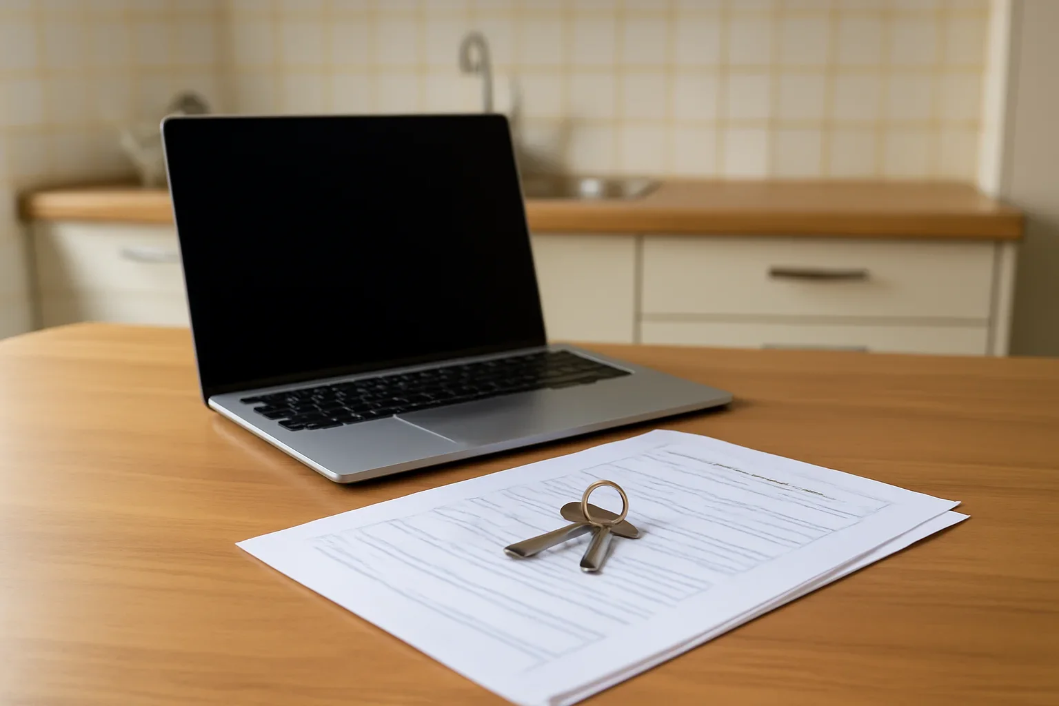 Laptop, apartment keys and residency papers on a kitchen table in Europe