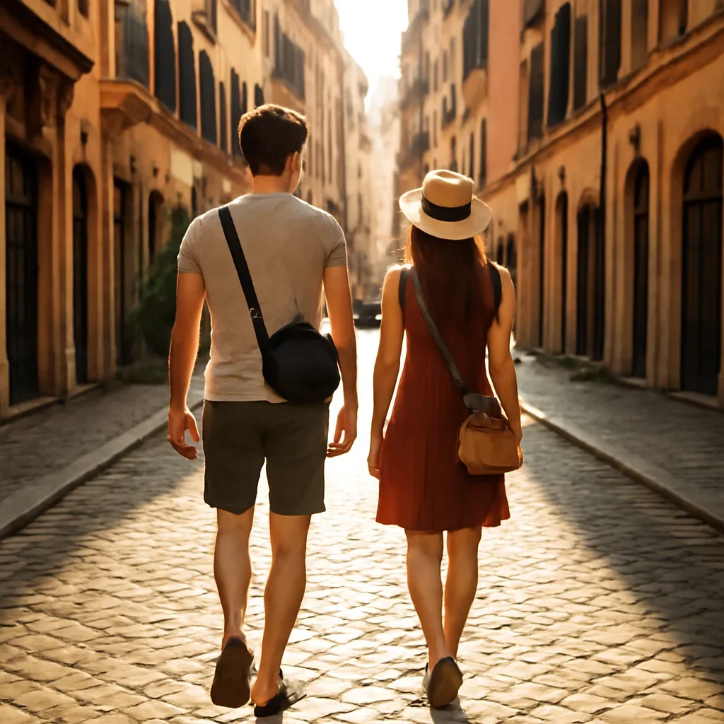 Travellers walking through a sunlit European street with small bags