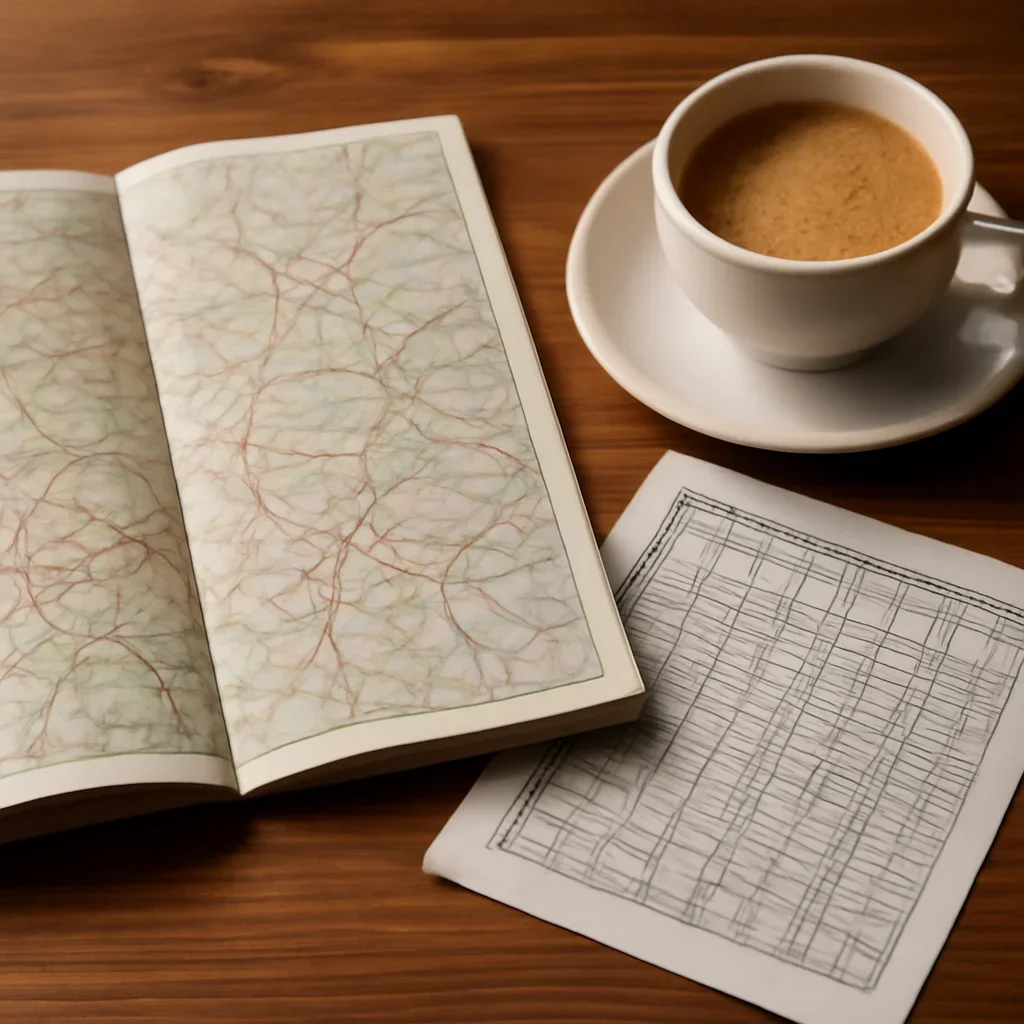 Open map, train timetable and coffee on a wooden table before a trip