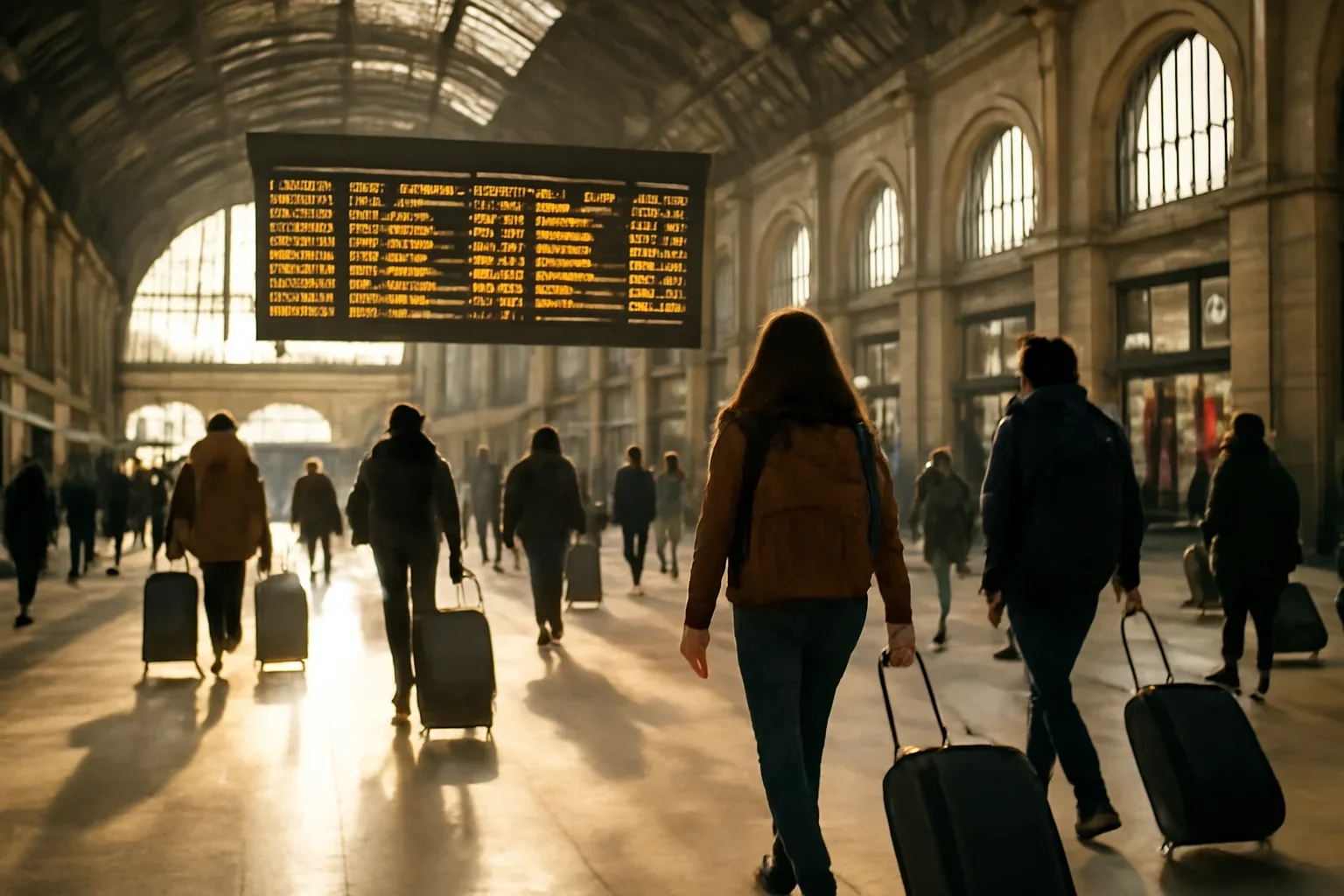 European station hall with travellers, luggage and departure board light