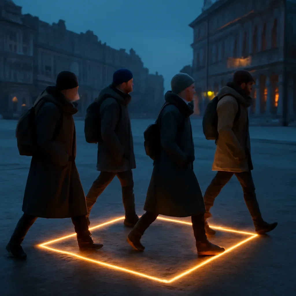 Travellers in coats crossing a glowing square on a cold winter evening