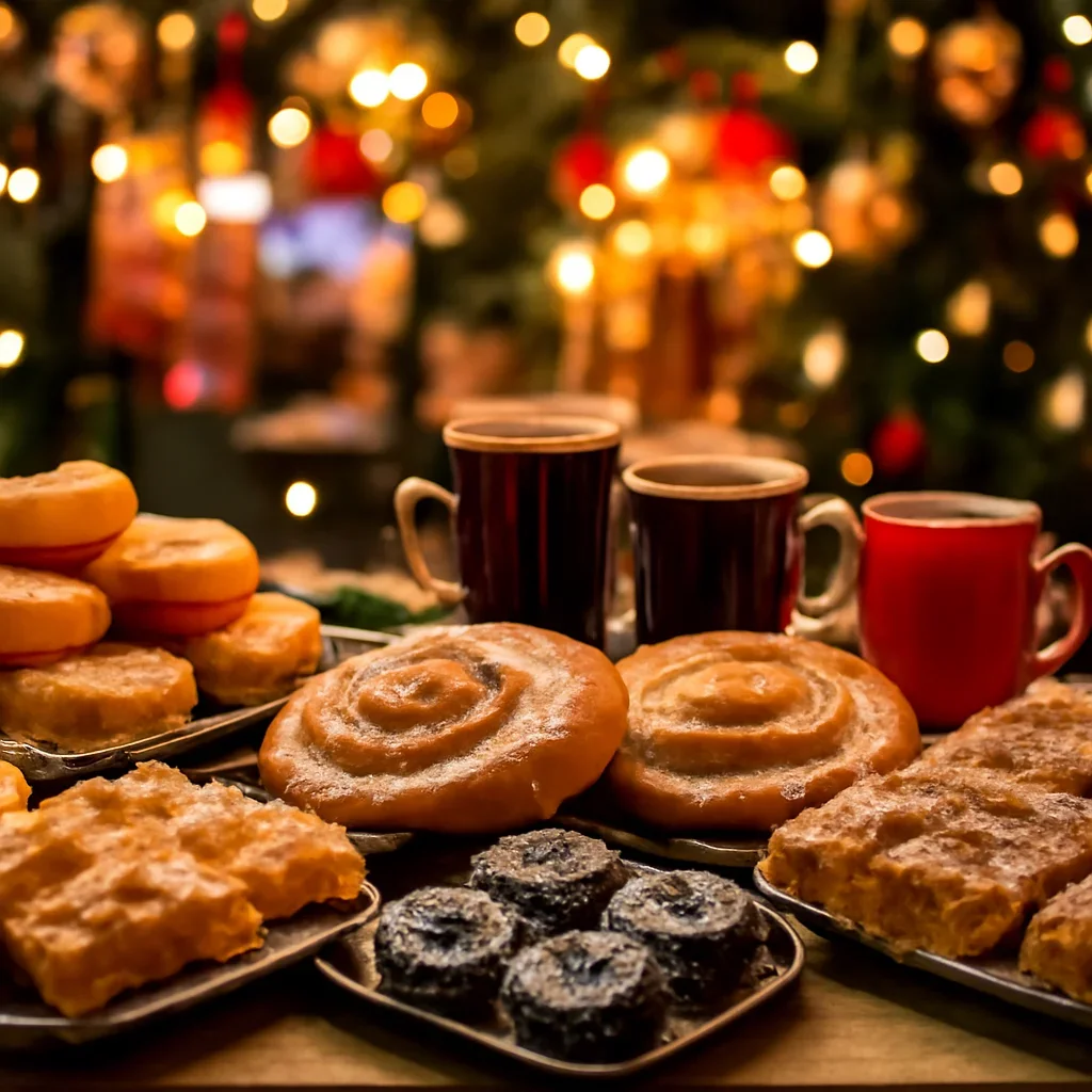 Close view of festive pastries and warm drinks at a Christmas market stall