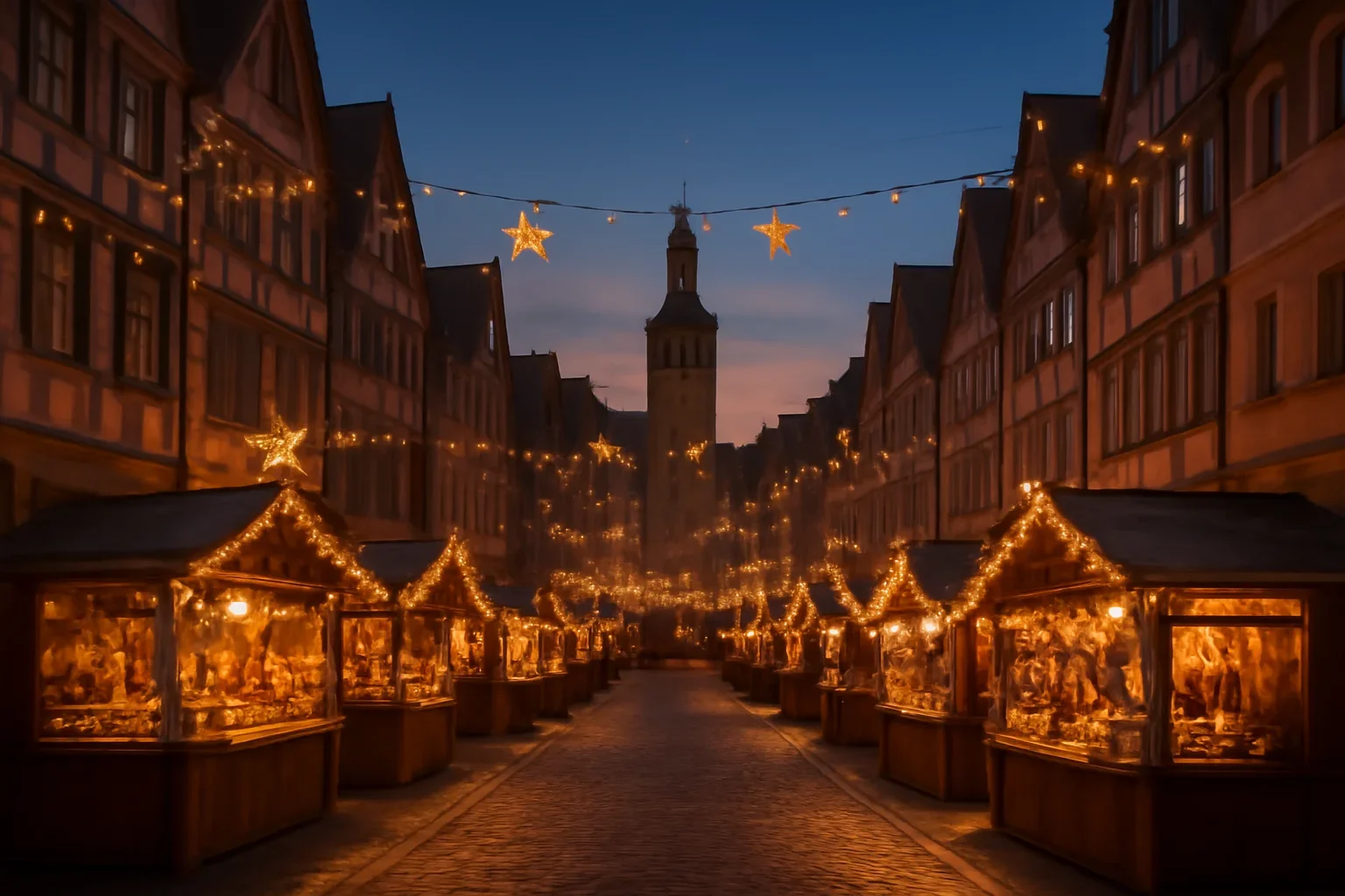 European old town street lit by winter market lights at dusk