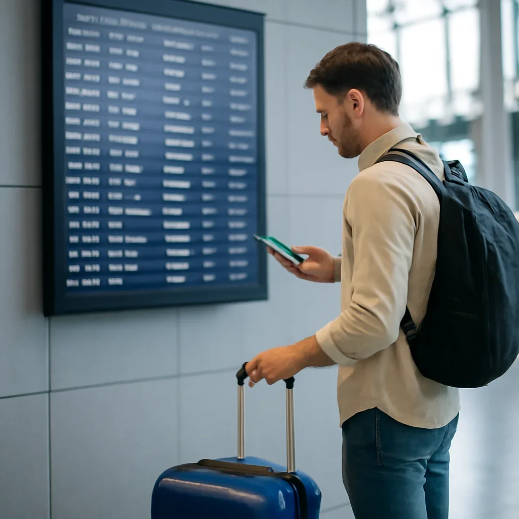 Traveller with carry-on checking entry details beside an airport departures screen