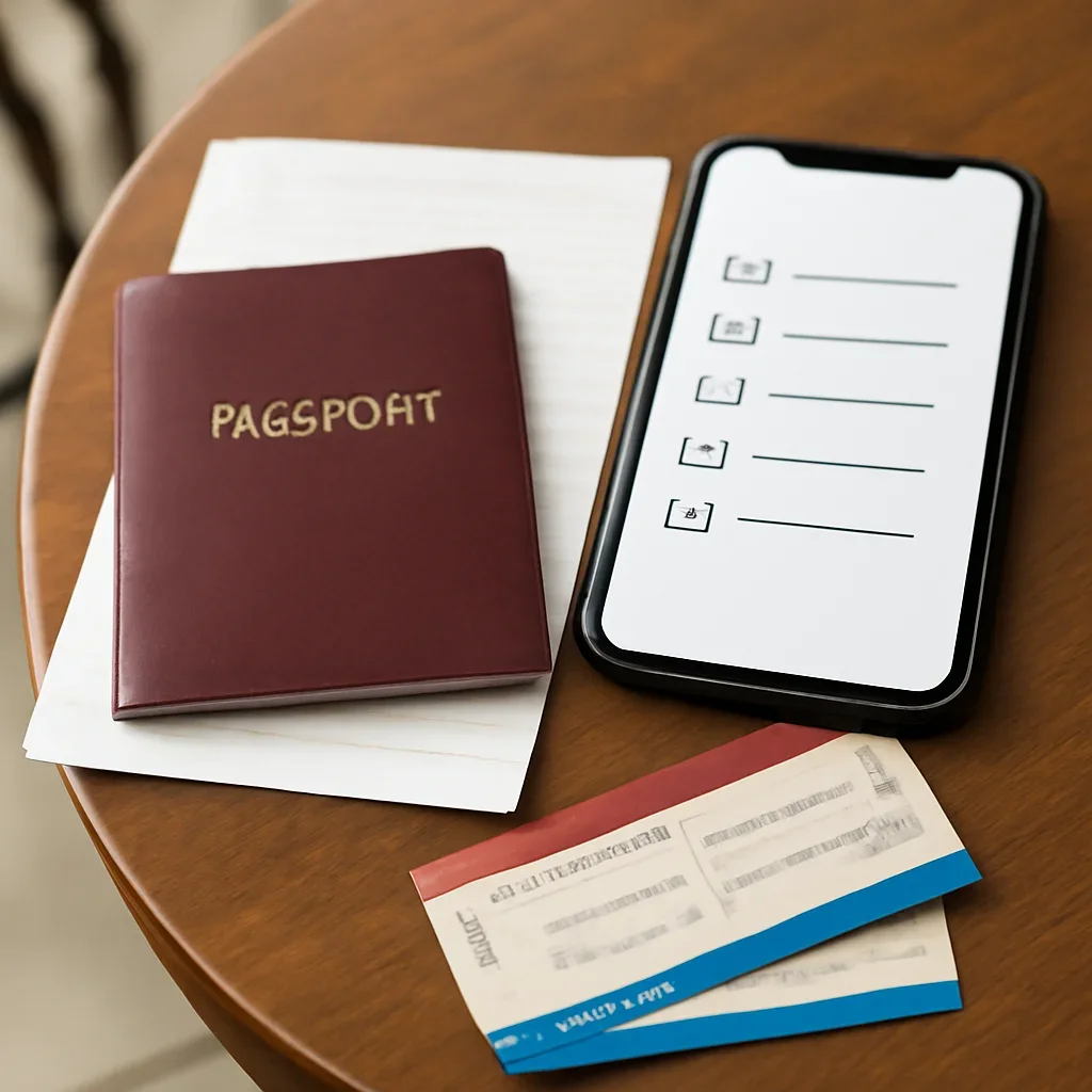 Close view of travel documents, phone checklist and train tickets on a café table