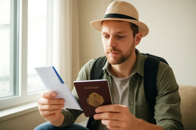 Canadian traveller reviewing passport, boarding pass and Europe itinerary notes