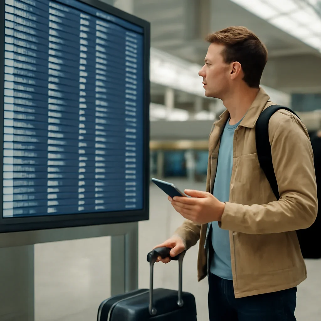 Traveller with carry-on checking entry details beside an airport departures screen