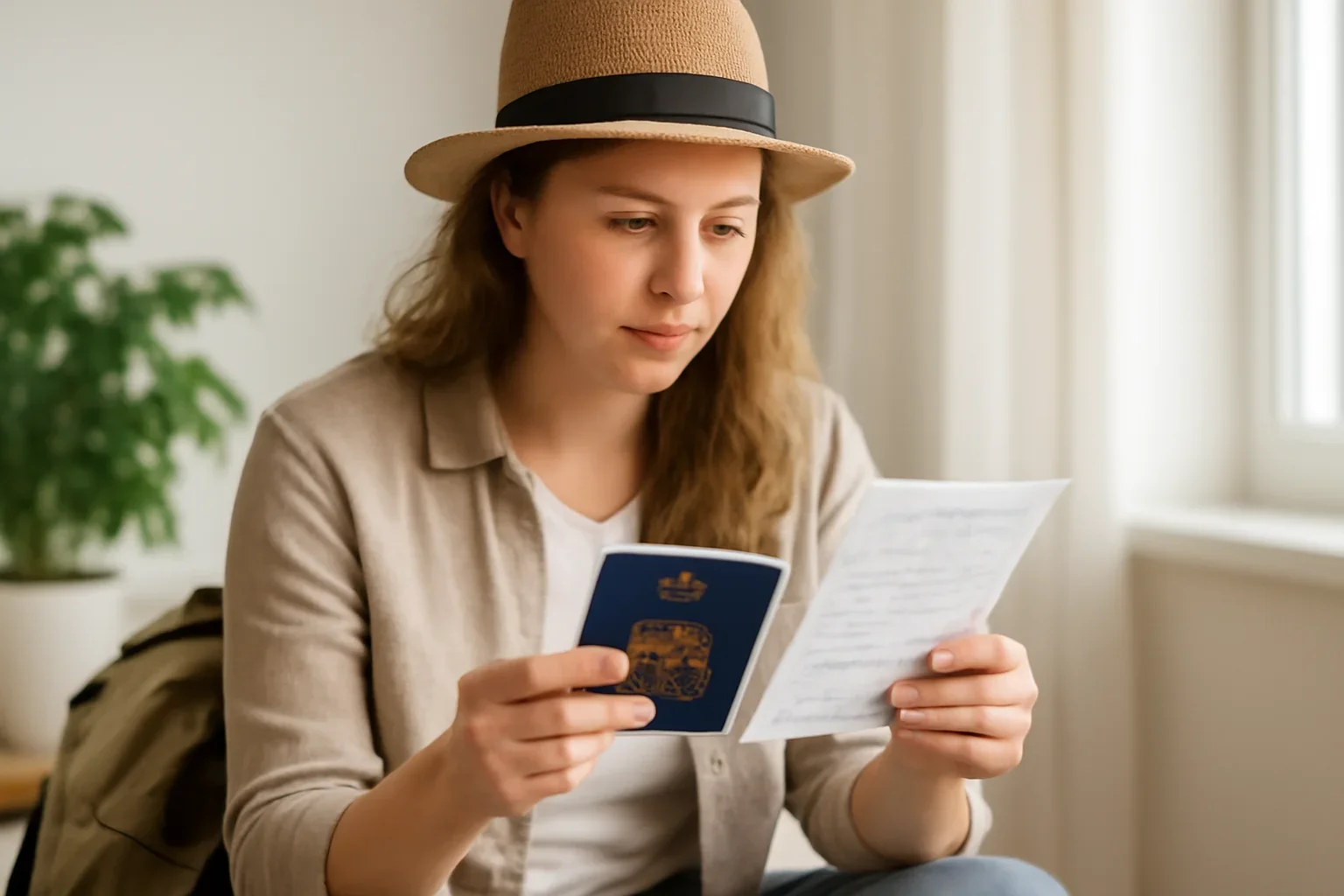 Canadian traveller reviewing passport, boarding pass and Europe itinerary notes