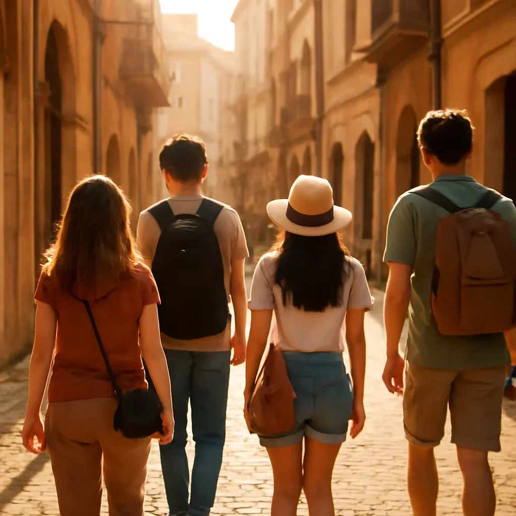 Travellers walking through a sunlit European street with small bags