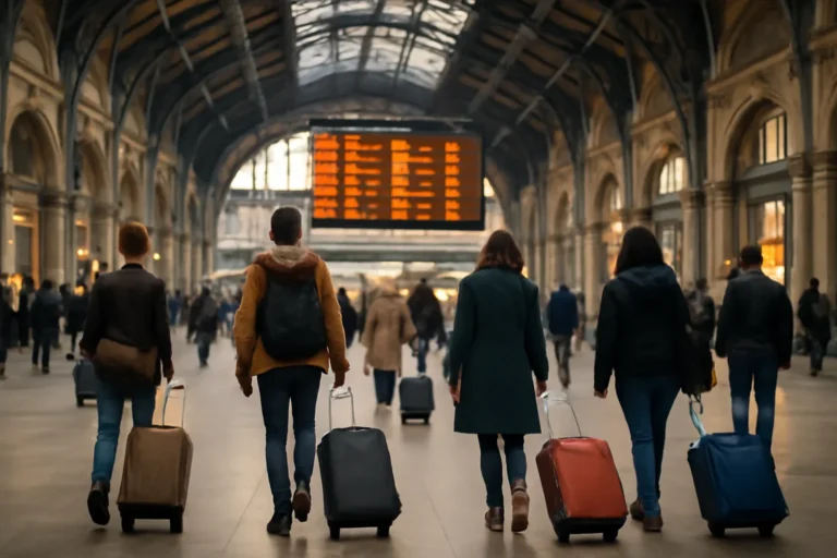 European station hall with travellers, luggage and departure board light
