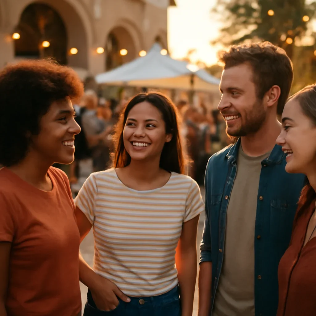 Friends talking outside a cultural event with music and warm evening light