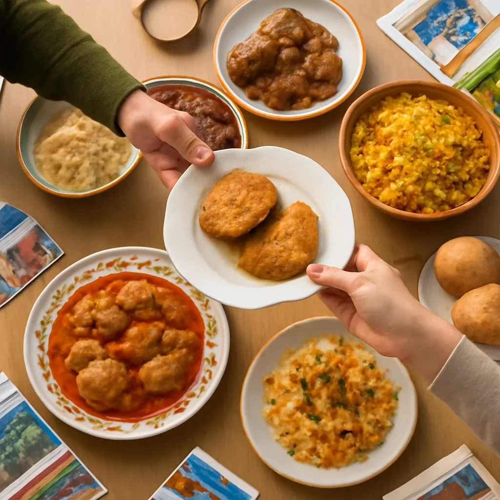 Community table with regional dishes, brochures and hands passing plates