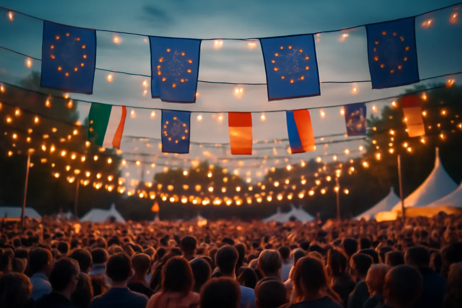Festival crowd beneath European flags and strings of lights