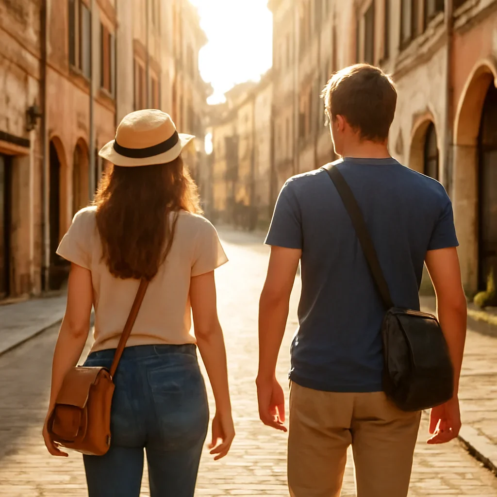 Travellers walking through a sunlit European street with small bags