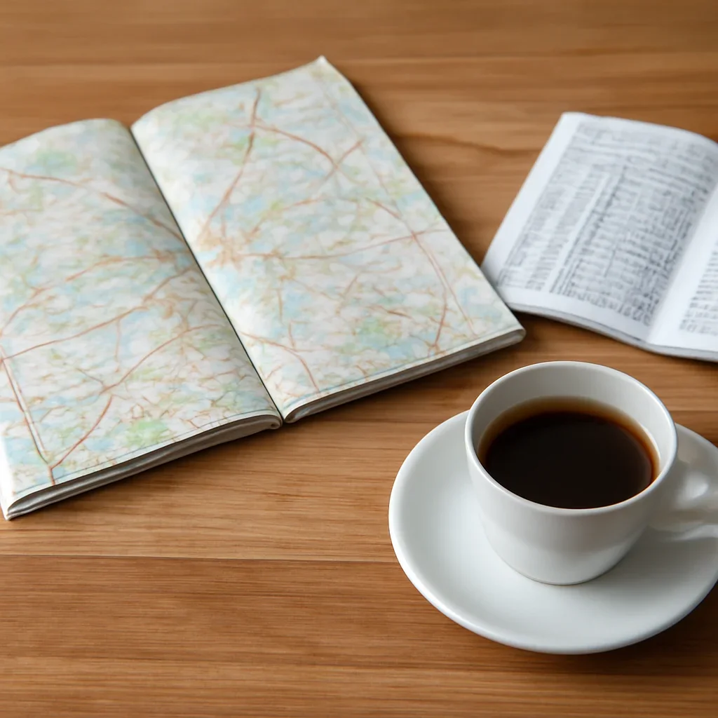 Open map, train timetable and coffee on a wooden table before a trip