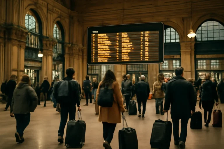 European station hall with travellers, luggage and departure board light