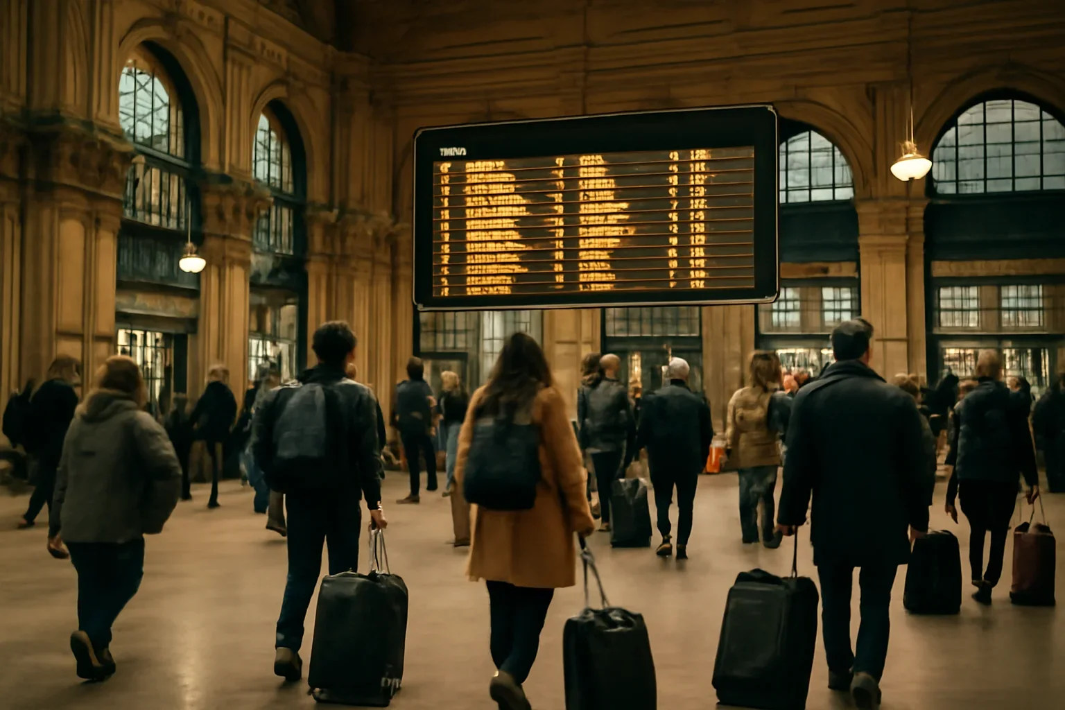 European station hall with travellers, luggage and departure board light