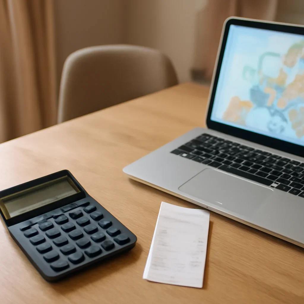 Small apartment table with calculator, grocery receipt and laptop during Europe planning